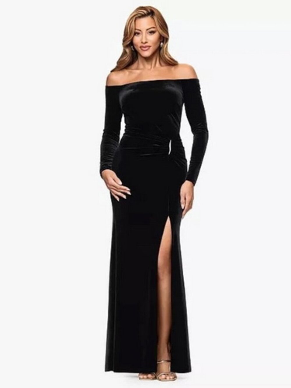 Xscape Black Velvet Embellished Off-Shoulder Long Sleeve Gown
